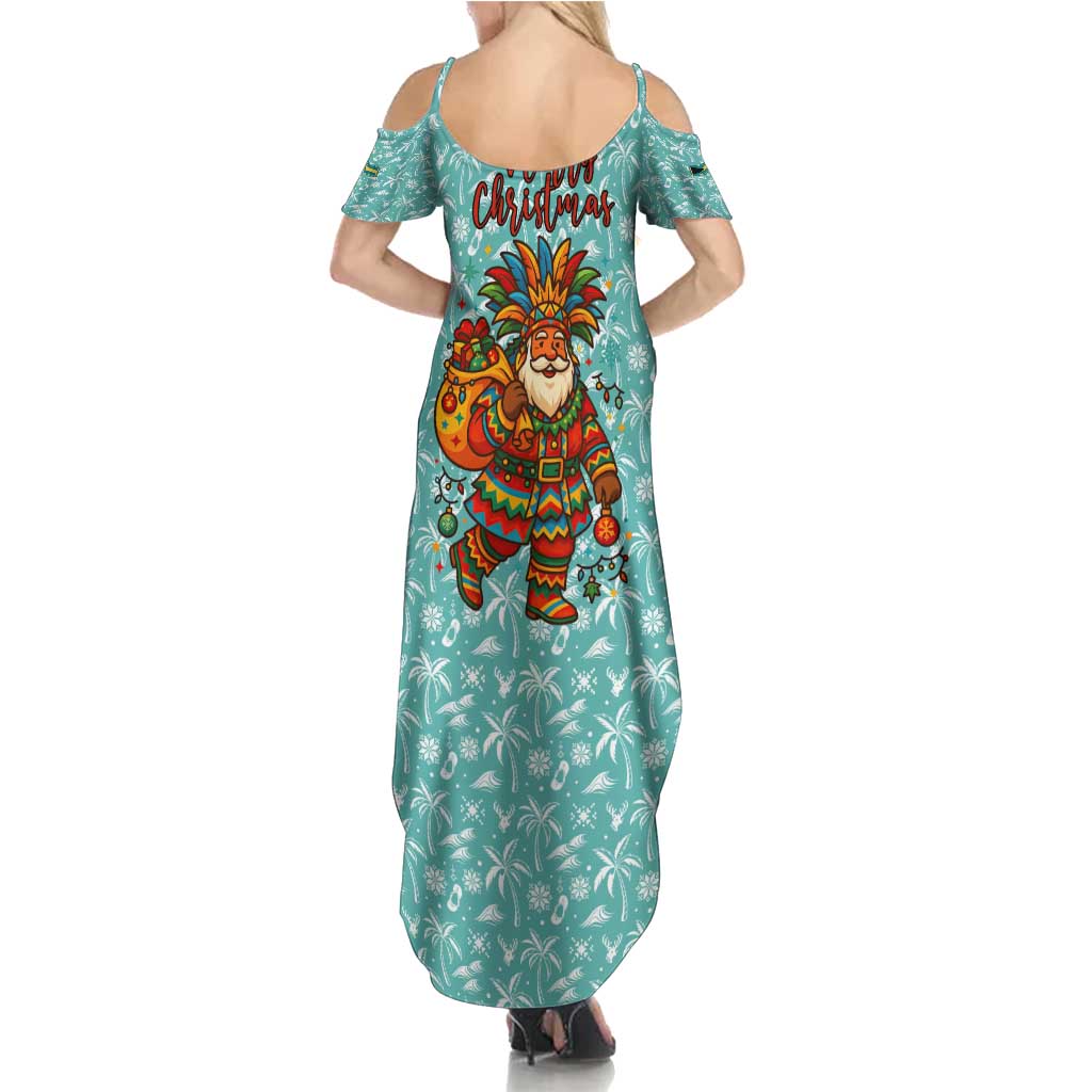 Bahamas Christmas Family Matching Summer Maxi Dress and Hawaiian Shirt with Teal Palm Pattern Carnival Santa and National Emblem Motif - Wonder Print Shop