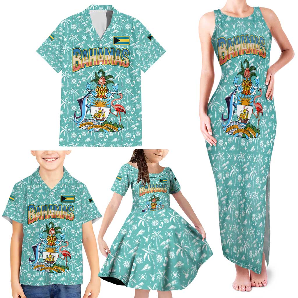 Bahamas Christmas Family Matching Tank Maxi Dress and Hawaiian Shirt with Teal Palm Pattern Carnival Santa and National Emblem Motif - Wonder Print Shop