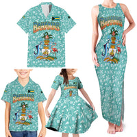 Bahamas Christmas Family Matching Tank Maxi Dress and Hawaiian Shirt with Teal Palm Pattern Carnival Santa and National Emblem Motif - Wonder Print Shop