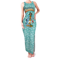 Bahamas Christmas Family Matching Tank Maxi Dress and Hawaiian Shirt with Teal Palm Pattern Carnival Santa and National Emblem Motif - Wonder Print Shop