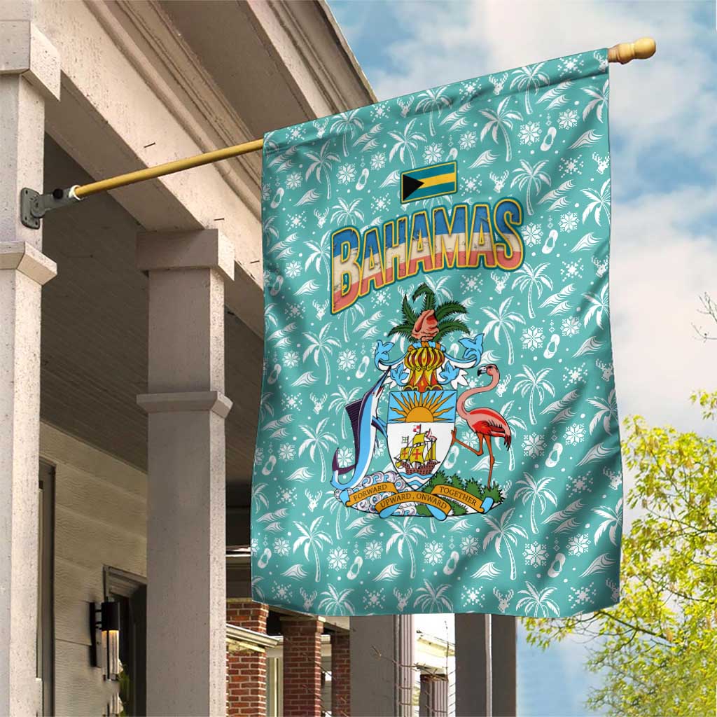 Bahamas Christmas Garden Flag with Teal Palm Pattern Carnival Santa and National Emblem Motif - Wonder Print Shop