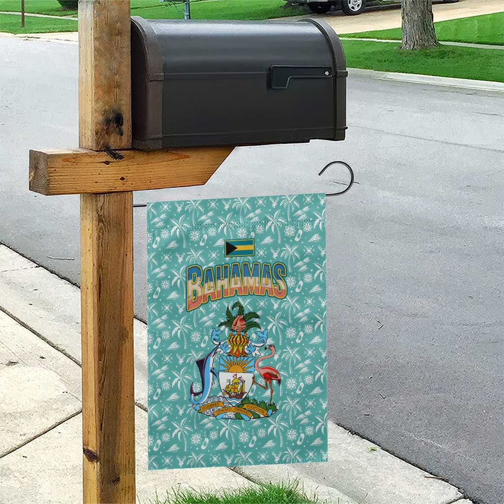 Bahamas Christmas Garden Flag with Teal Palm Pattern Carnival Santa and National Emblem Motif - Wonder Print Shop