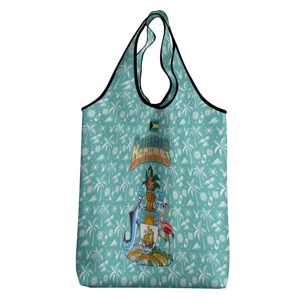 Bahamas Christmas Grocery Bag with Teal Palm Pattern Carnival Santa and National Emblem Motif - Wonder Print Shop