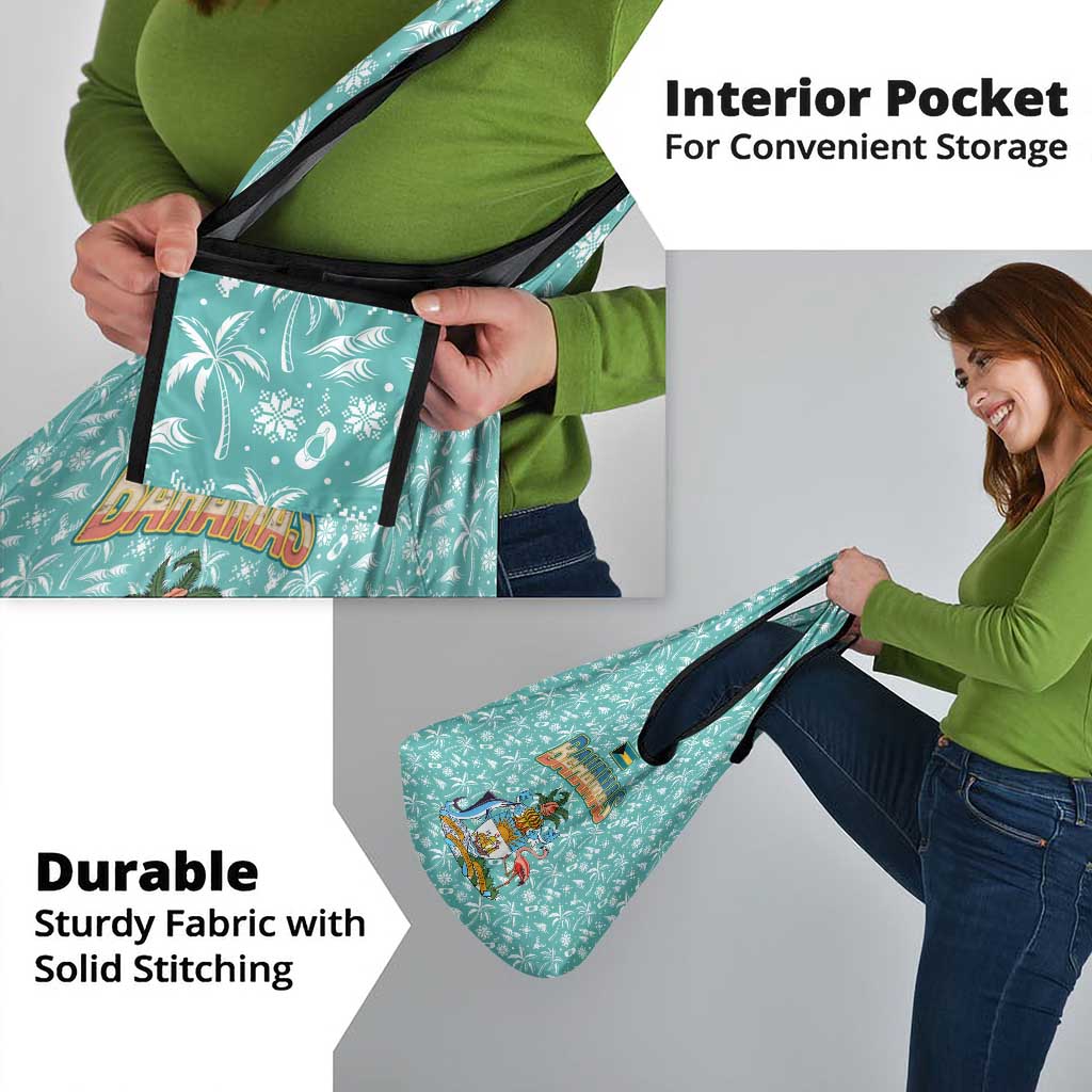 Bahamas Christmas Grocery Bag with Teal Palm Pattern Carnival Santa and National Emblem Motif - Wonder Print Shop