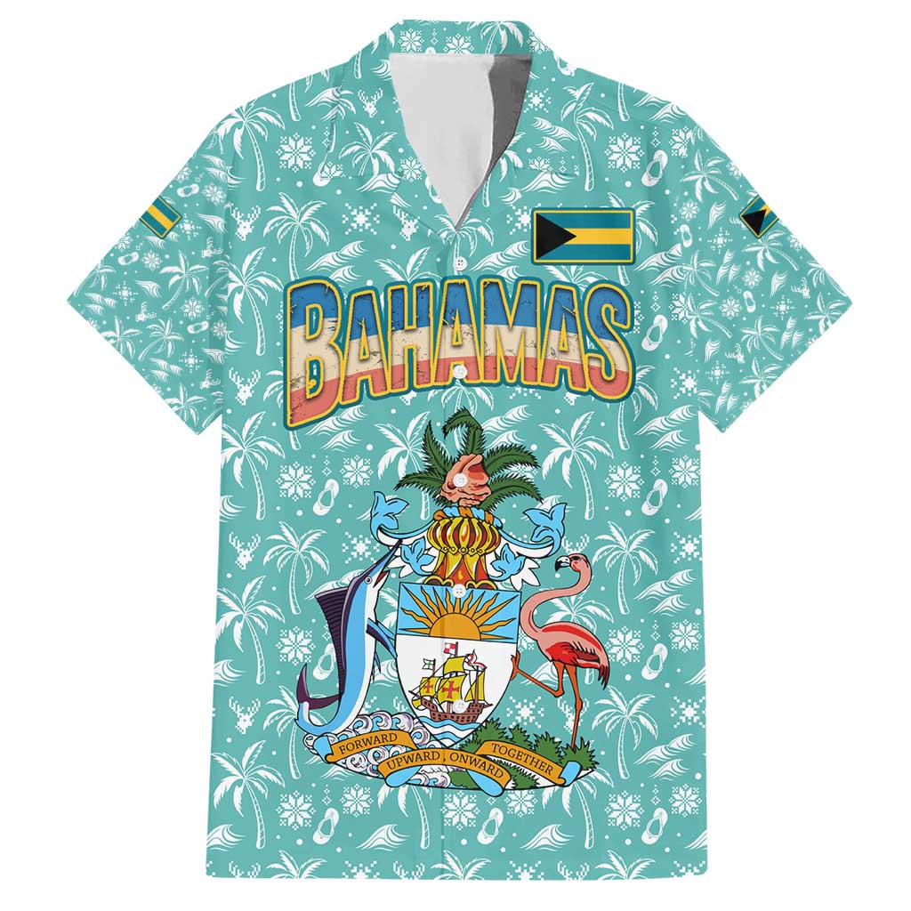 Bahamas Christmas Hawaiian Shirt with Teal Palm Pattern Carnival Santa and National Emblem Motif - Wonder Print Shop