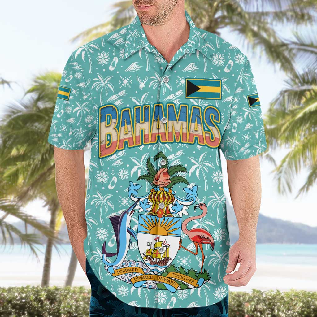 Bahamas Christmas Hawaiian Shirt with Teal Palm Pattern Carnival Santa and National Emblem Motif - Wonder Print Shop