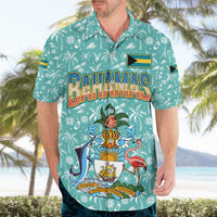 Bahamas Christmas Hawaiian Shirt with Teal Palm Pattern Carnival Santa and National Emblem Motif - Wonder Print Shop