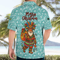 Bahamas Christmas Hawaiian Shirt with Teal Palm Pattern Carnival Santa and National Emblem Motif - Wonder Print Shop