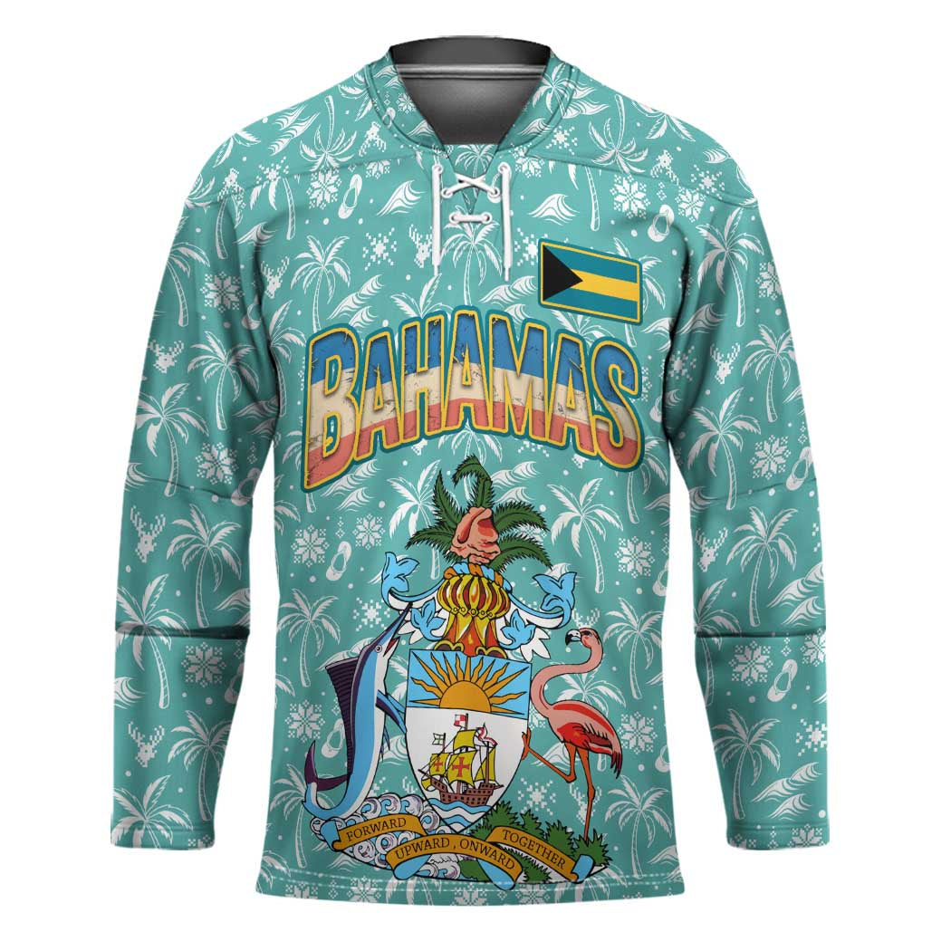 Bahamas Christmas Hockey Jersey with Teal Palm Pattern Carnival Santa and National Emblem Motif - Wonder Print Shop