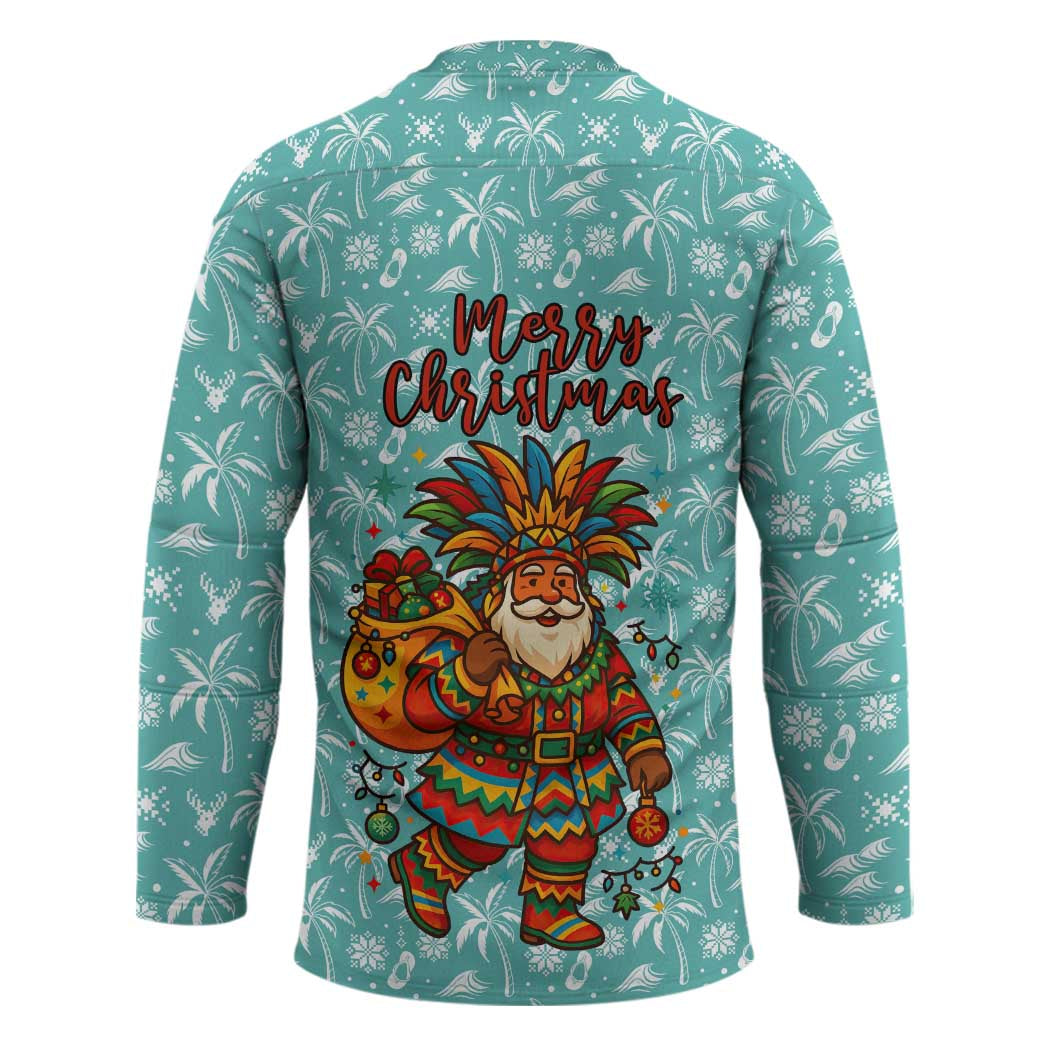 Bahamas Christmas Hockey Jersey with Teal Palm Pattern Carnival Santa and National Emblem Motif - Wonder Print Shop