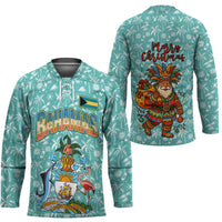 Bahamas Christmas Hockey Jersey with Teal Palm Pattern Carnival Santa and National Emblem Motif - Wonder Print Shop
