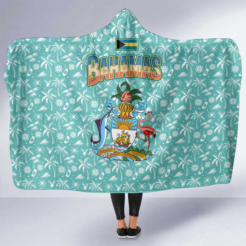 Bahamas Christmas Hooded Blanket with Teal Palm Pattern Carnival Santa and National Emblem Motif - Wonder Print Shop