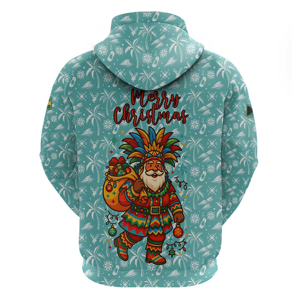Bahamas Christmas Hoodie with Teal Palm Pattern Carnival Santa and National Emblem Motif - Wonder Print Shop