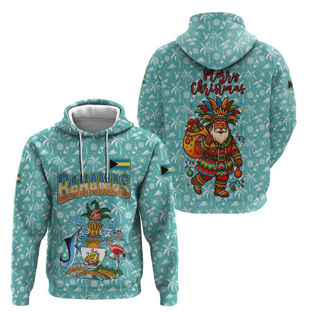Bahamas Christmas Hoodie with Teal Palm Pattern Carnival Santa and National Emblem Motif - Wonder Print Shop