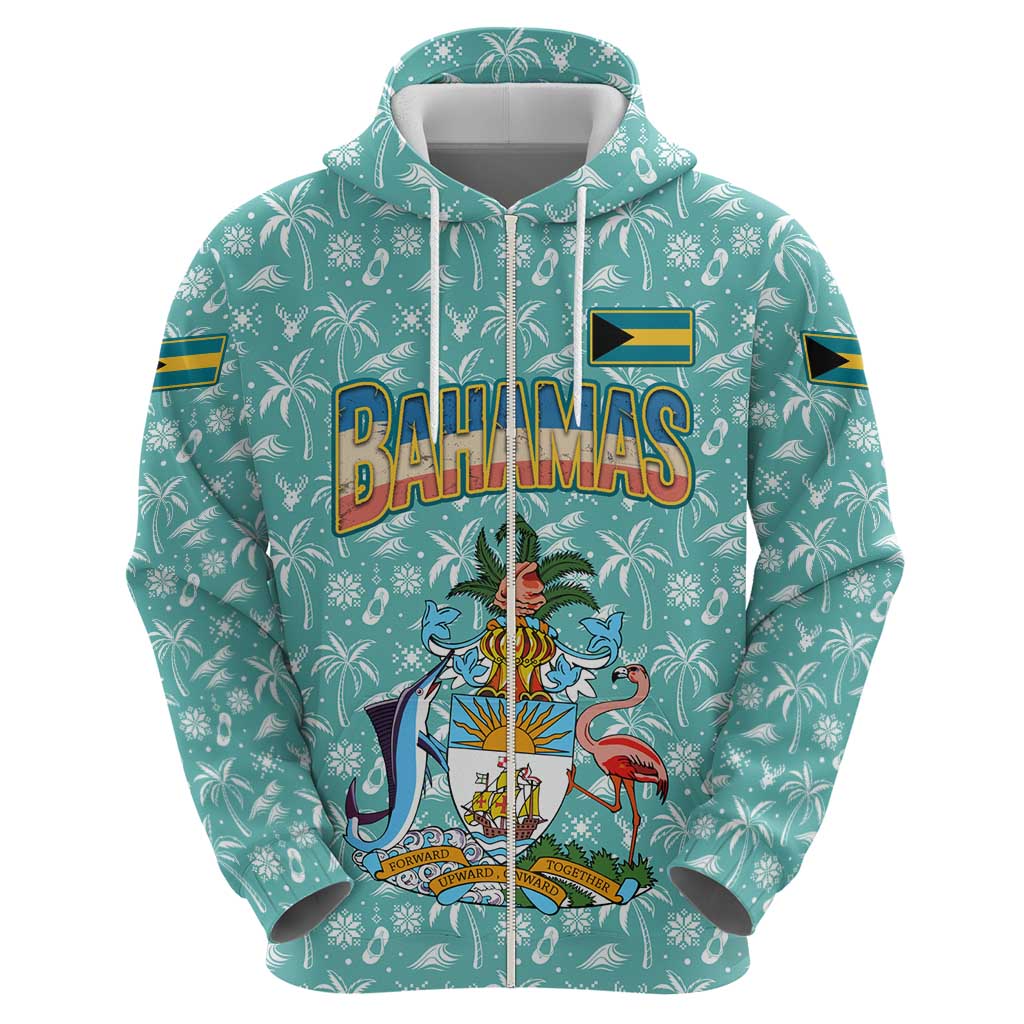 Bahamas Christmas Hoodie with Teal Palm Pattern Carnival Santa and National Emblem Motif - Wonder Print Shop