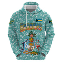 Bahamas Christmas Hoodie with Teal Palm Pattern Carnival Santa and National Emblem Motif - Wonder Print Shop