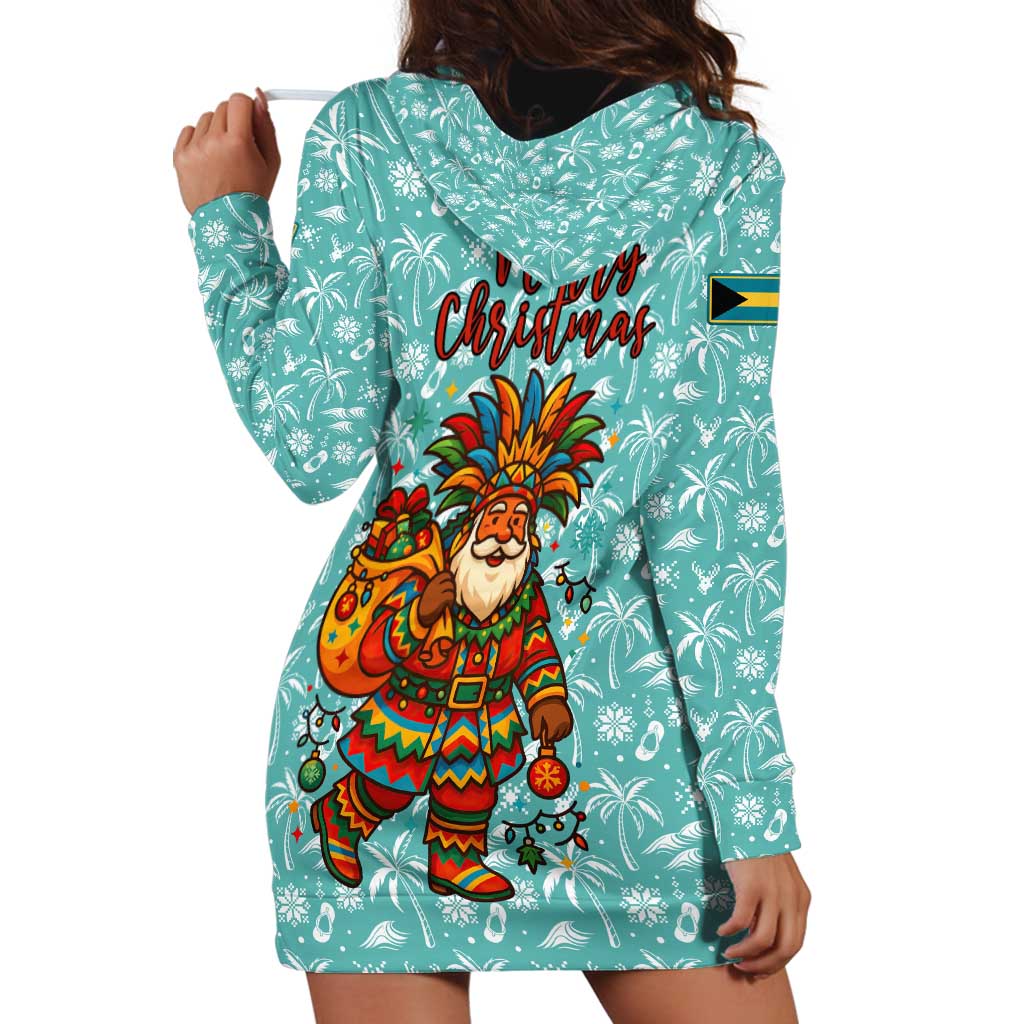 Bahamas Christmas Hoodie Dress with Teal Palm Pattern Carnival Santa and National Emblem Motif - Wonder Print Shop