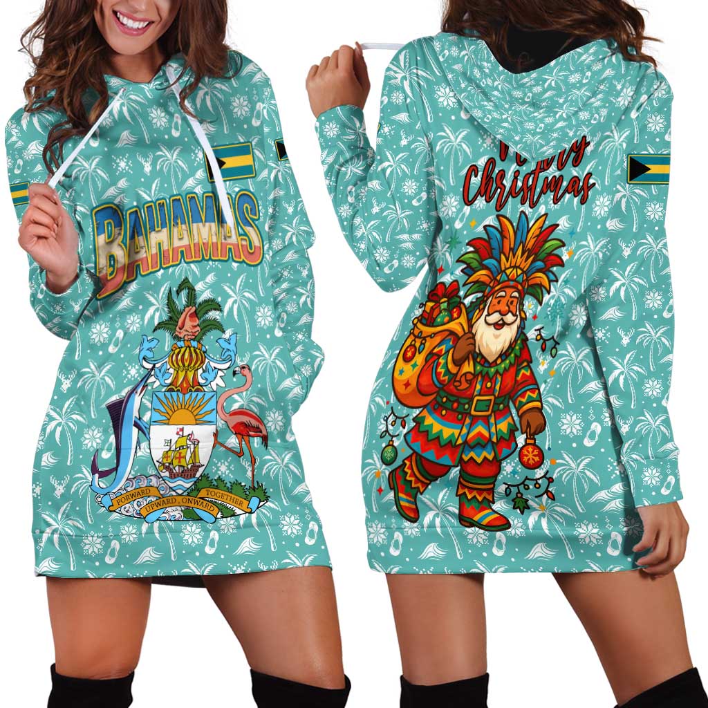 Bahamas Christmas Hoodie Dress with Teal Palm Pattern Carnival Santa and National Emblem Motif - Wonder Print Shop