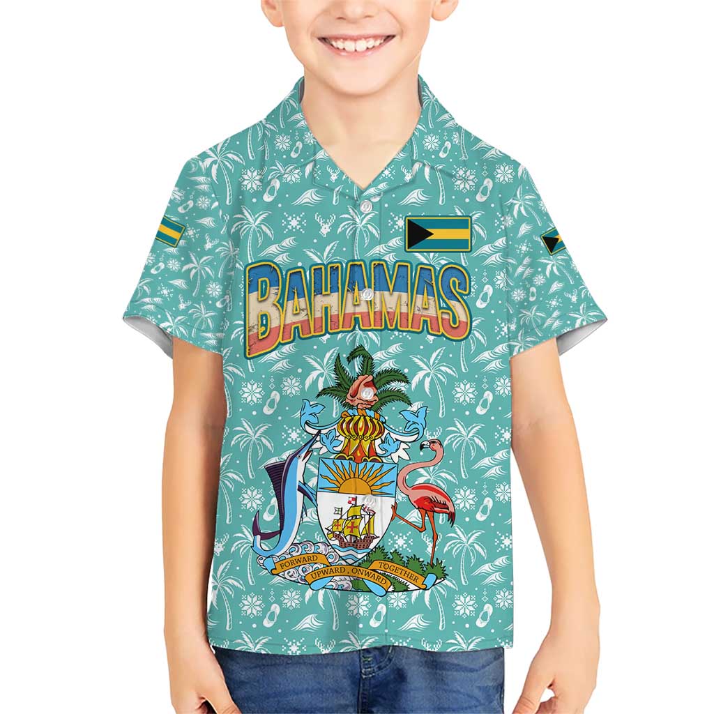 Bahamas Christmas Kid Hawaiian Shirt with Teal Palm Pattern Carnival Santa and National Emblem Motif - Wonder Print Shop