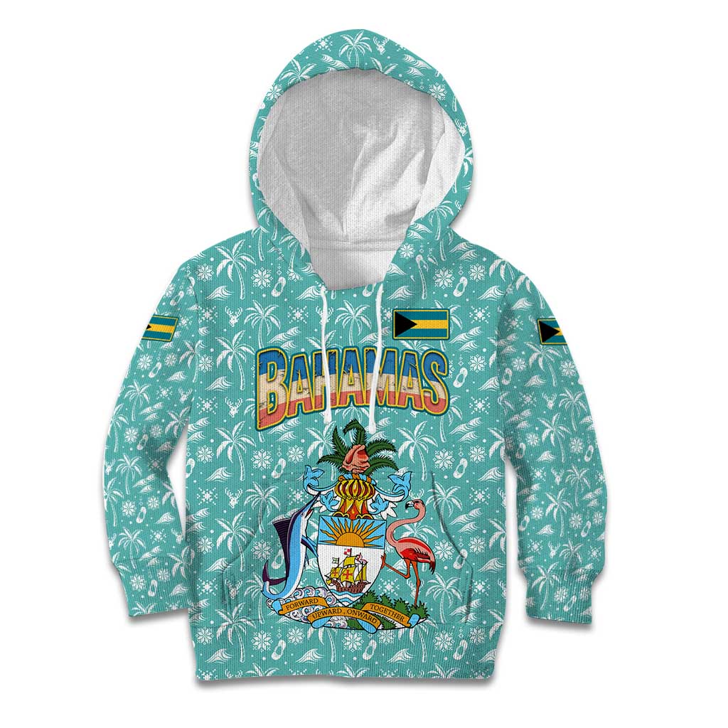 Bahamas Christmas Kid Hoodie with Teal Palm Pattern Carnival Santa and National Emblem Motif - Wonder Print Shop