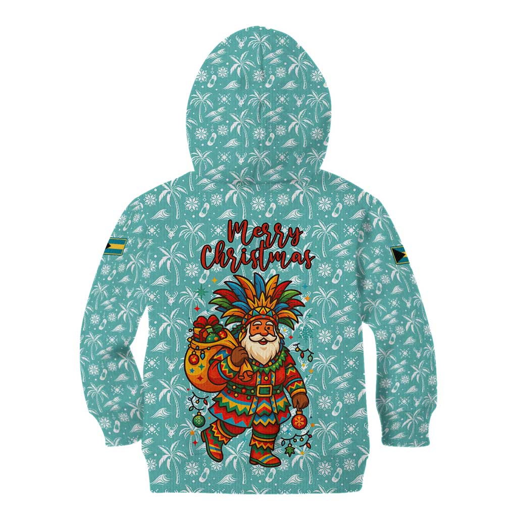 Bahamas Christmas Kid Hoodie with Teal Palm Pattern Carnival Santa and National Emblem Motif - Wonder Print Shop