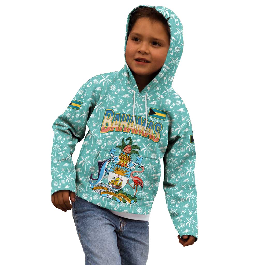 Bahamas Christmas Kid Hoodie with Teal Palm Pattern Carnival Santa and National Emblem Motif - Wonder Print Shop