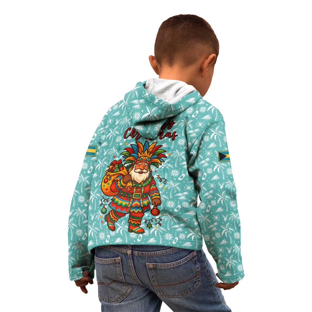 Bahamas Christmas Kid Hoodie with Teal Palm Pattern Carnival Santa and National Emblem Motif - Wonder Print Shop