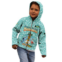 Bahamas Christmas Kid Hoodie with Teal Palm Pattern Carnival Santa and National Emblem Motif - Wonder Print Shop