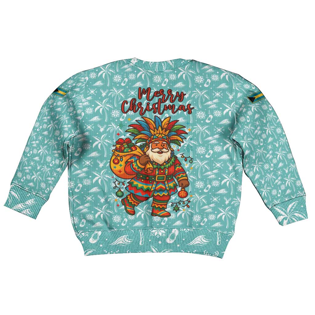 Bahamas Christmas Kid Ugly Christmas Sweater with Teal Palm Pattern Carnival Santa and National Emblem Motif - Wonder Print Shop