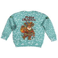 Bahamas Christmas Kid Ugly Christmas Sweater with Teal Palm Pattern Carnival Santa and National Emblem Motif - Wonder Print Shop