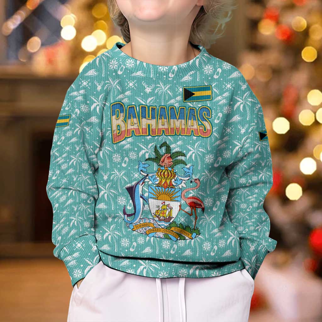 Bahamas Christmas Kid Ugly Christmas Sweater with Teal Palm Pattern Carnival Santa and National Emblem Motif - Wonder Print Shop