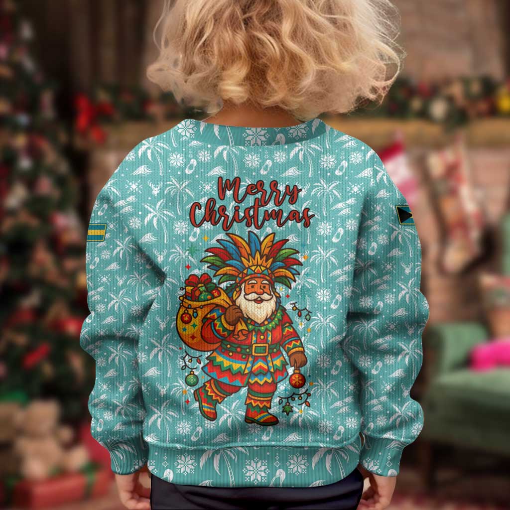 Bahamas Christmas Kid Ugly Christmas Sweater with Teal Palm Pattern Carnival Santa and National Emblem Motif - Wonder Print Shop