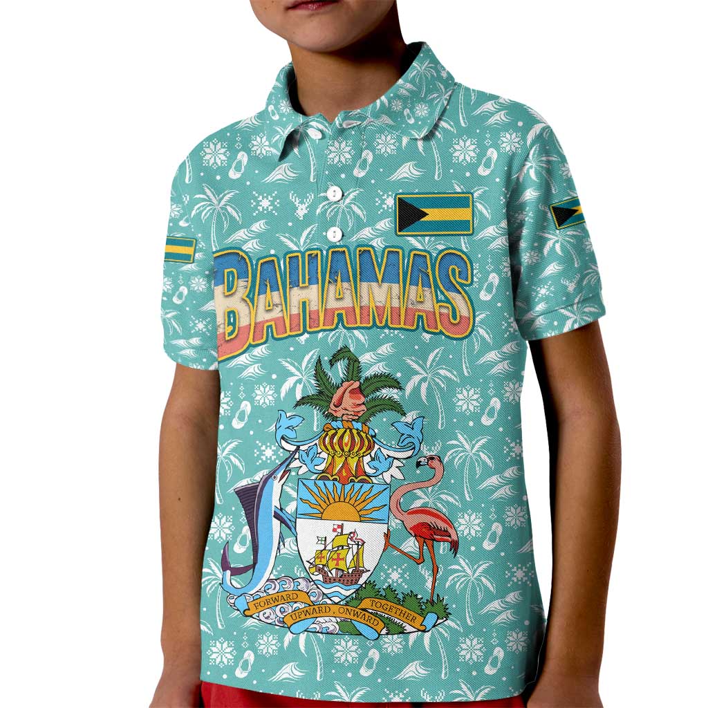 Bahamas Christmas Kid Polo Shirt with Teal Palm Pattern Carnival Santa and National Emblem Motif - Wonder Print Shop