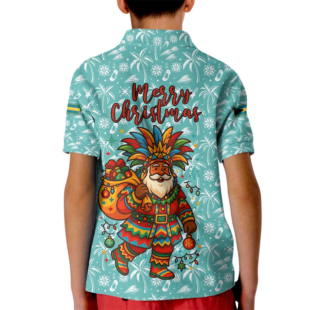 Bahamas Christmas Kid Polo Shirt with Teal Palm Pattern Carnival Santa and National Emblem Motif - Wonder Print Shop