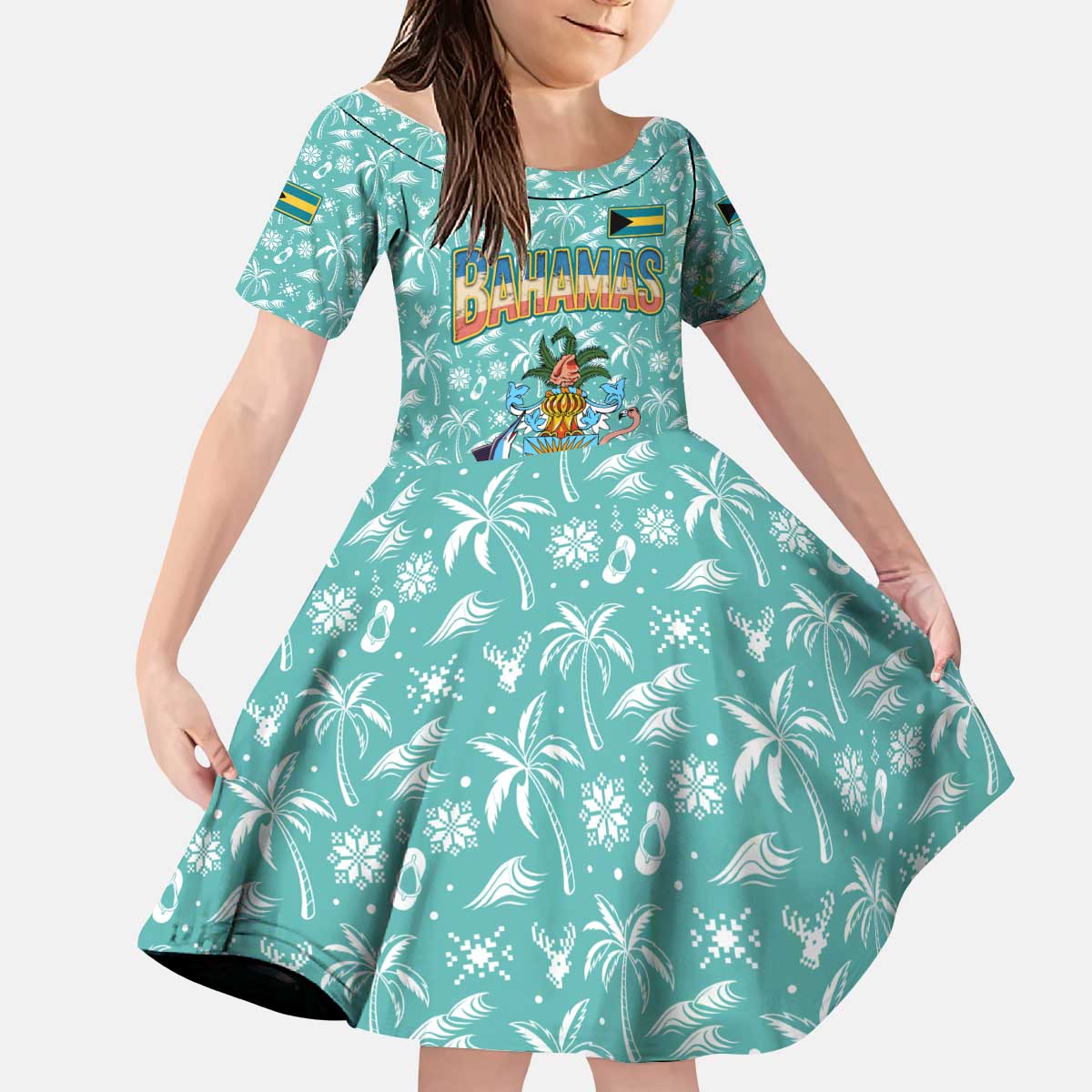 Bahamas Christmas Kid Short Sleeve Dress with Teal Palm Pattern Carnival Santa and National Emblem Motif - Wonder Print Shop
