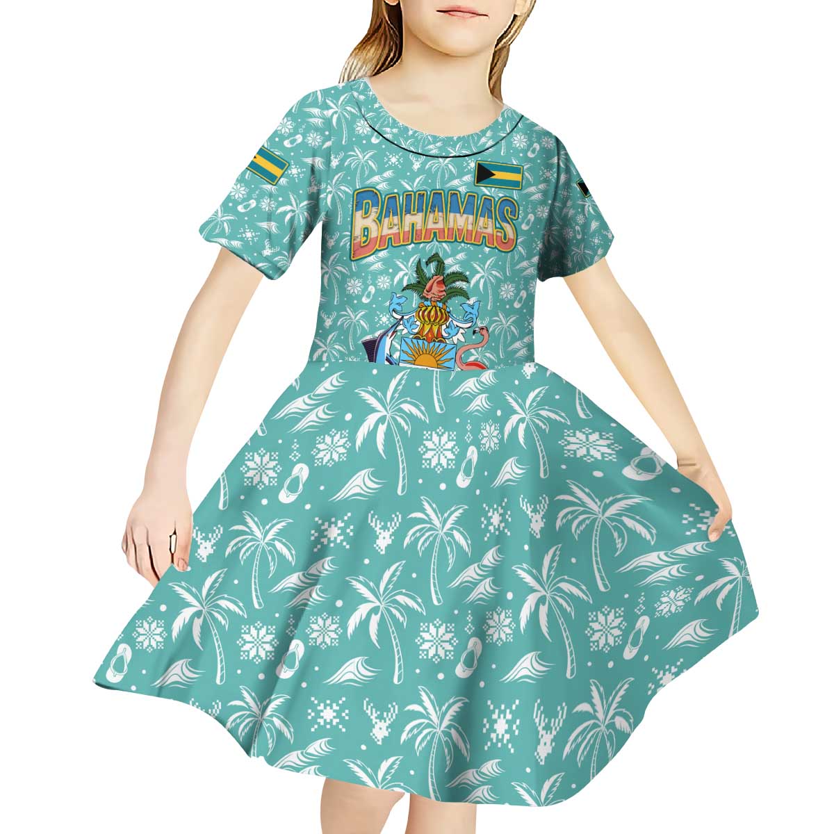 Bahamas Christmas Kid Short Sleeve Dress with Teal Palm Pattern Carnival Santa and National Emblem Motif - Wonder Print Shop