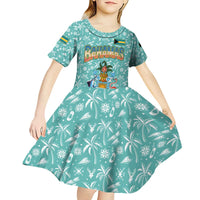 Bahamas Christmas Kid Short Sleeve Dress with Teal Palm Pattern Carnival Santa and National Emblem Motif - Wonder Print Shop
