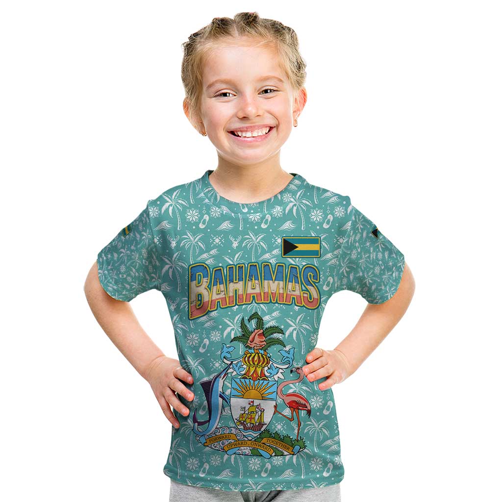 Bahamas Christmas Kid T Shirt with Teal Palm Pattern Carnival Santa and National Emblem Motif - Wonder Print Shop
