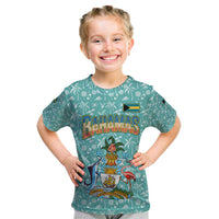 Bahamas Christmas Kid T Shirt with Teal Palm Pattern Carnival Santa and National Emblem Motif - Wonder Print Shop
