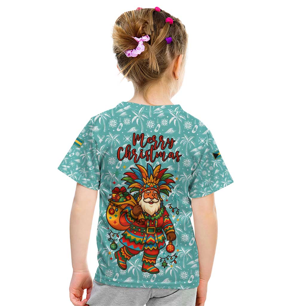 Bahamas Christmas Kid T Shirt with Teal Palm Pattern Carnival Santa and National Emblem Motif - Wonder Print Shop