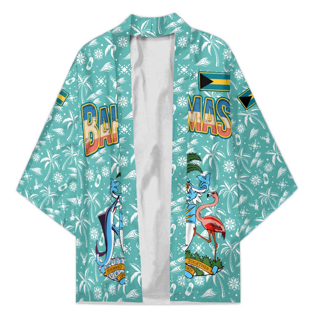 Bahamas Christmas Kimono with Teal Palm Pattern Carnival Santa and National Emblem Motif - Wonder Print Shop