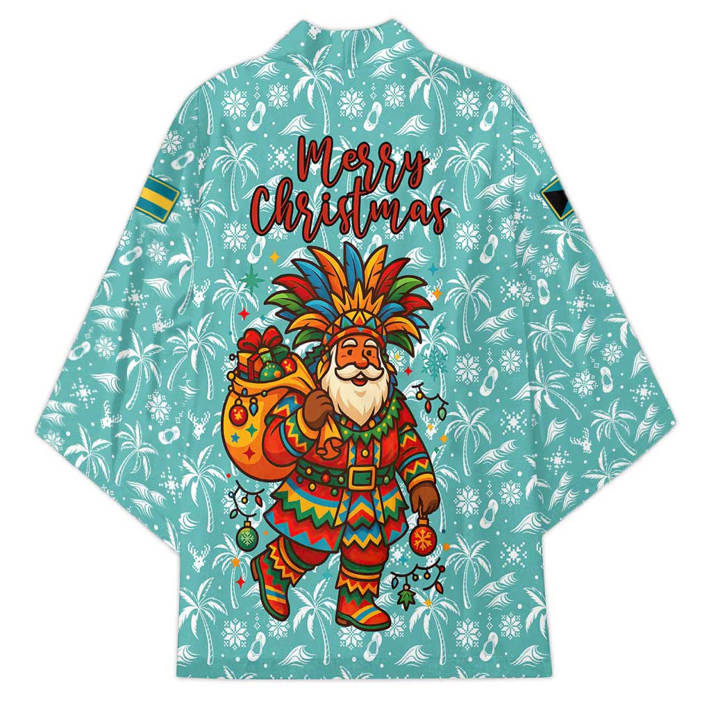 Bahamas Christmas Kimono with Teal Palm Pattern Carnival Santa and National Emblem Motif - Wonder Print Shop