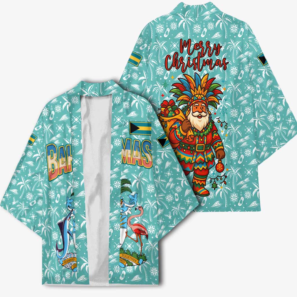 Bahamas Christmas Kimono with Teal Palm Pattern Carnival Santa and National Emblem Motif - Wonder Print Shop