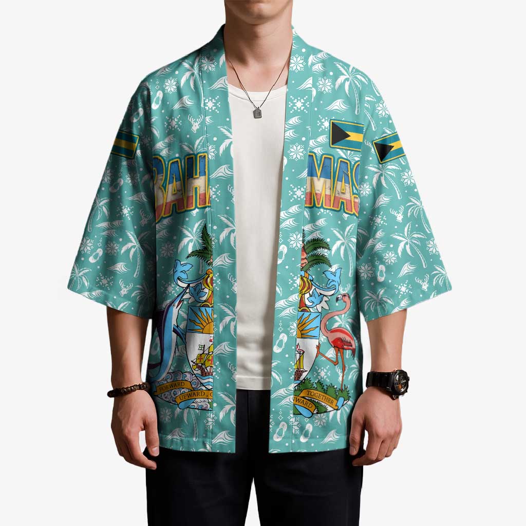 Bahamas Christmas Kimono with Teal Palm Pattern Carnival Santa and National Emblem Motif - Wonder Print Shop