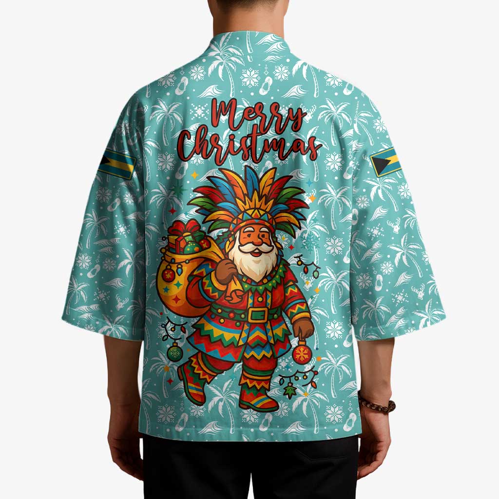 Bahamas Christmas Kimono with Teal Palm Pattern Carnival Santa and National Emblem Motif - Wonder Print Shop