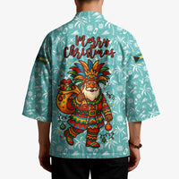 Bahamas Christmas Kimono with Teal Palm Pattern Carnival Santa and National Emblem Motif - Wonder Print Shop