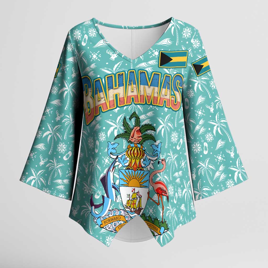 Bahamas Christmas Kimono Sleeve Blouse with Teal Palm Pattern Carnival Santa and National Emblem Motif - Wonder Print Shop
