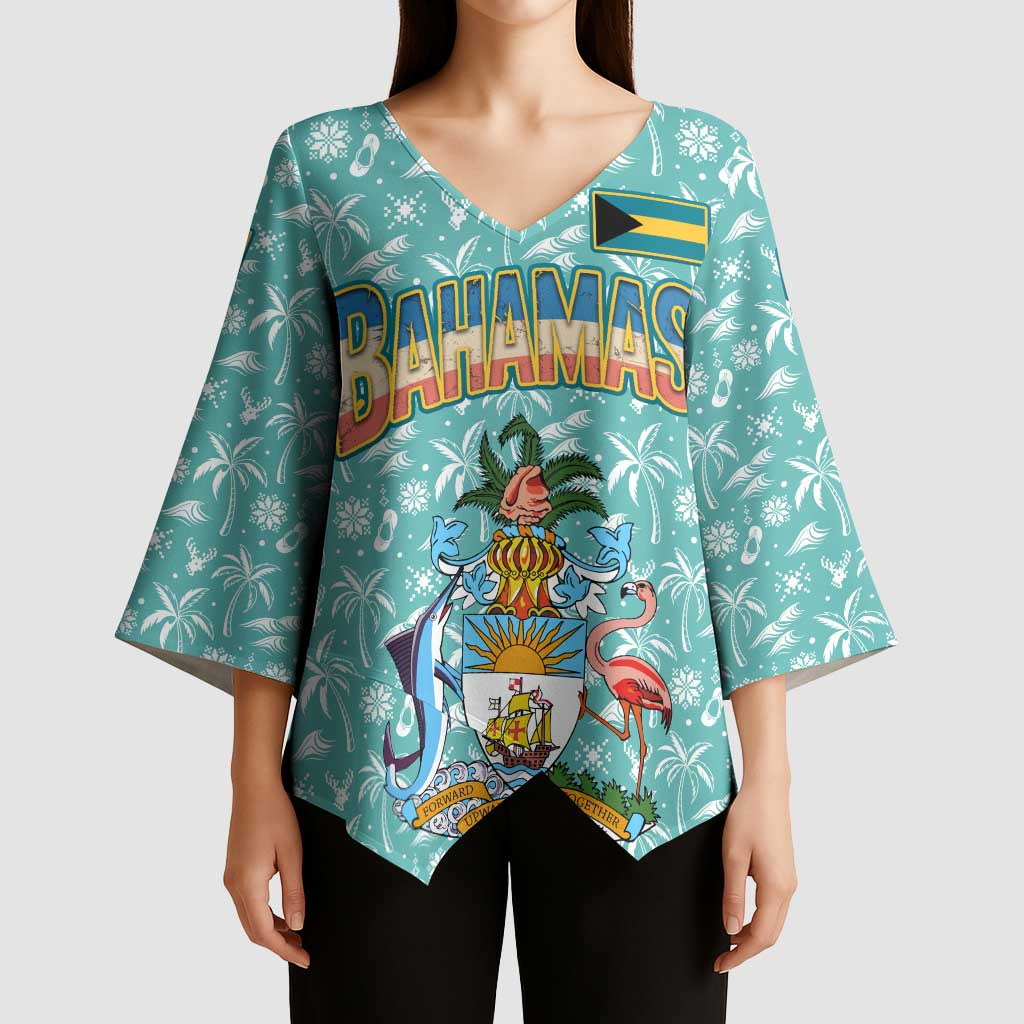 Bahamas Christmas Kimono Sleeve Blouse with Teal Palm Pattern Carnival Santa and National Emblem Motif - Wonder Print Shop