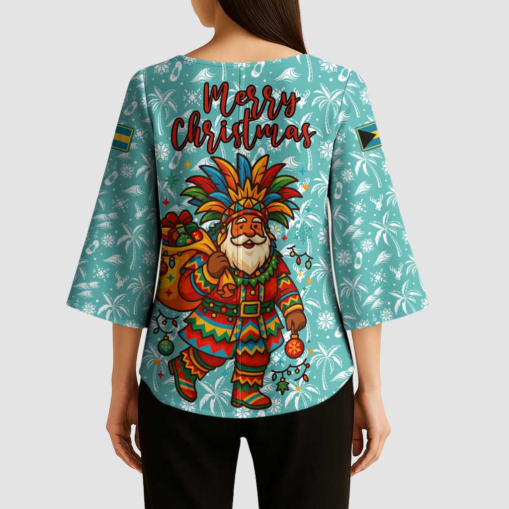 Bahamas Christmas Kimono Sleeve Blouse with Teal Palm Pattern Carnival Santa and National Emblem Motif - Wonder Print Shop