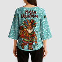 Bahamas Christmas Kimono Sleeve Blouse with Teal Palm Pattern Carnival Santa and National Emblem Motif - Wonder Print Shop